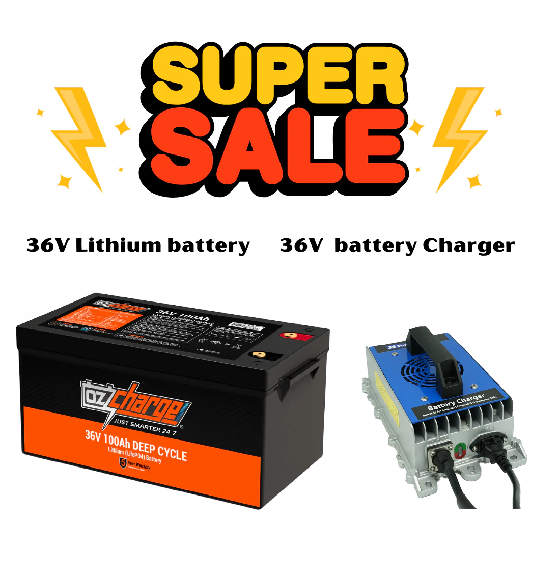 36V 100Ah Lithium LifePO4 Deep Cycle Battery + On-Board 36V 20A High-Precision Marine Lithium Battery Charger combo