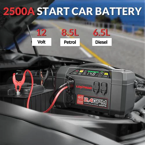 LOKITHOR Buddy 5-in-1 Multifunction Rescue Jump Starter Pack 2500A @ 12v + Water Pump + Digital Air Pump Compressor + LED Spotlight + USB Power Bank - Image 3